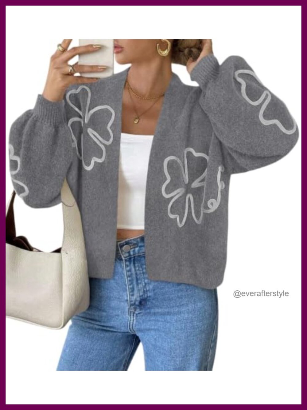 PRETTYGARDEN Floral Oversized Cardigan Sweater Balloon Sleeve Knit Open Front